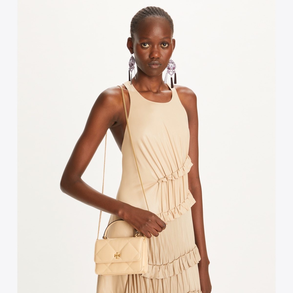 Mini Kira Diamond Quilt Top-Handle Crossbody - beige