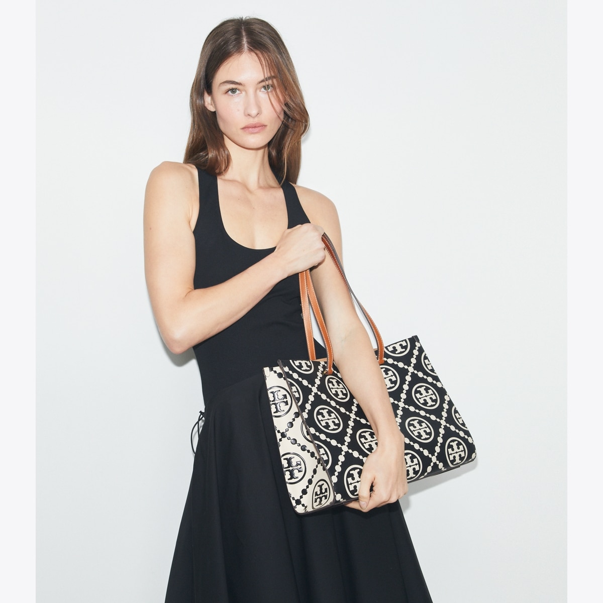 T Monogram Contrast Embossed Tote - black