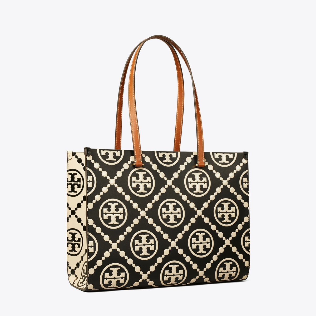 T Monogram Contrast Embossed Tote - black
