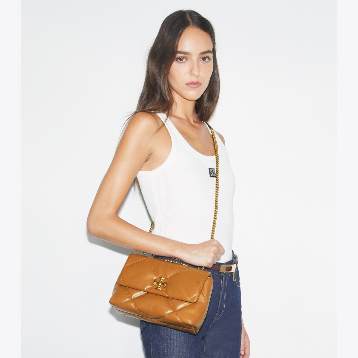 Small Kira Diamond Quilt Shoulder Bag - light cream