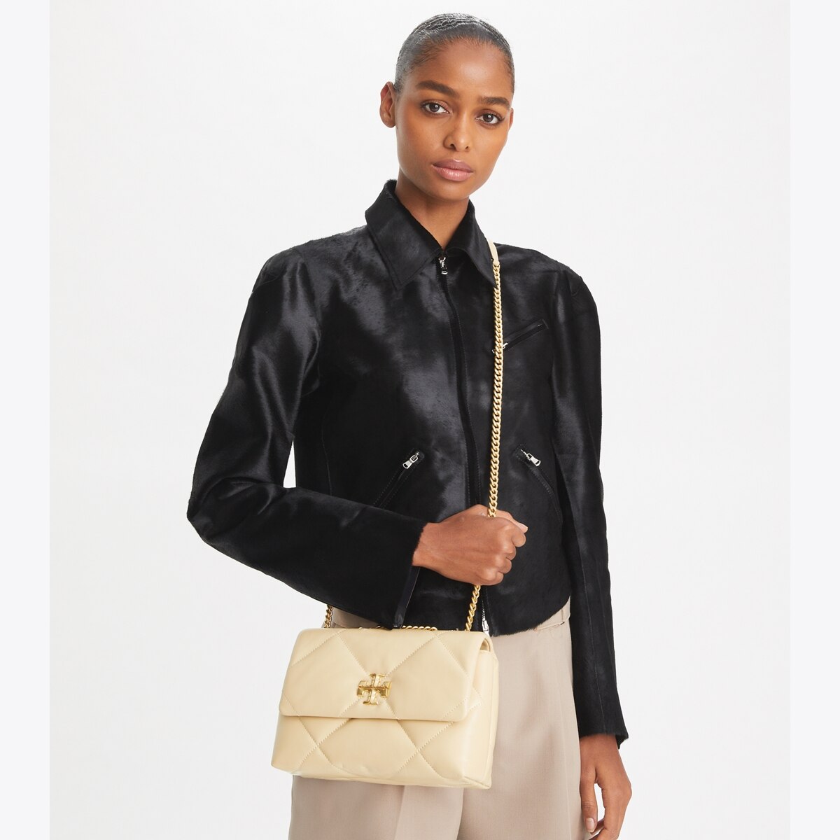 Small Kira Diamond Quilt Shoulder Bag - beige