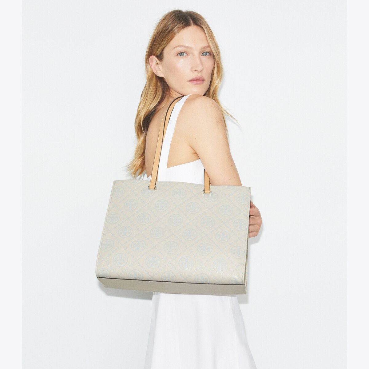 T Monogram Pebble Tote - gray