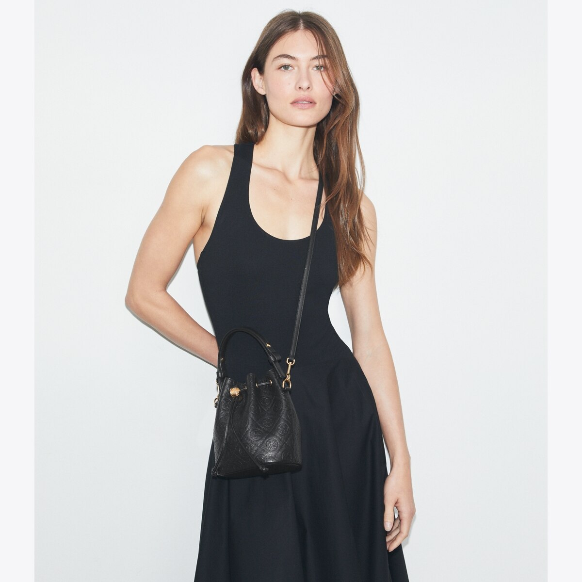 T Monogram Pebbled Mini Bucket Bag - black