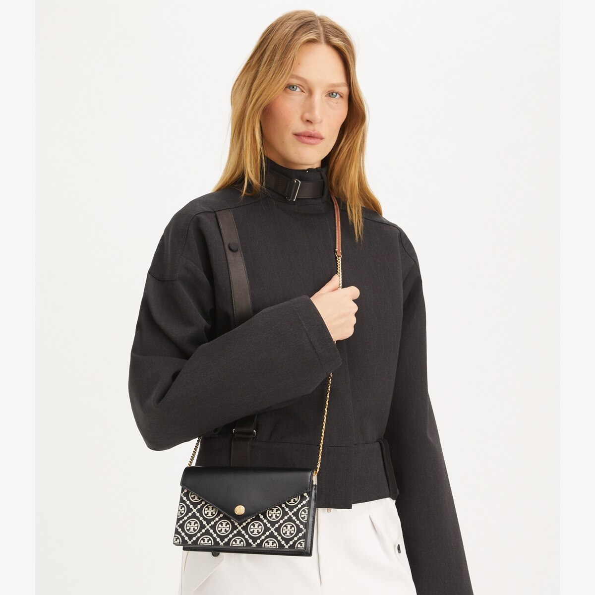 T Monogram Contrast Embossed Envelope Crossbody - black