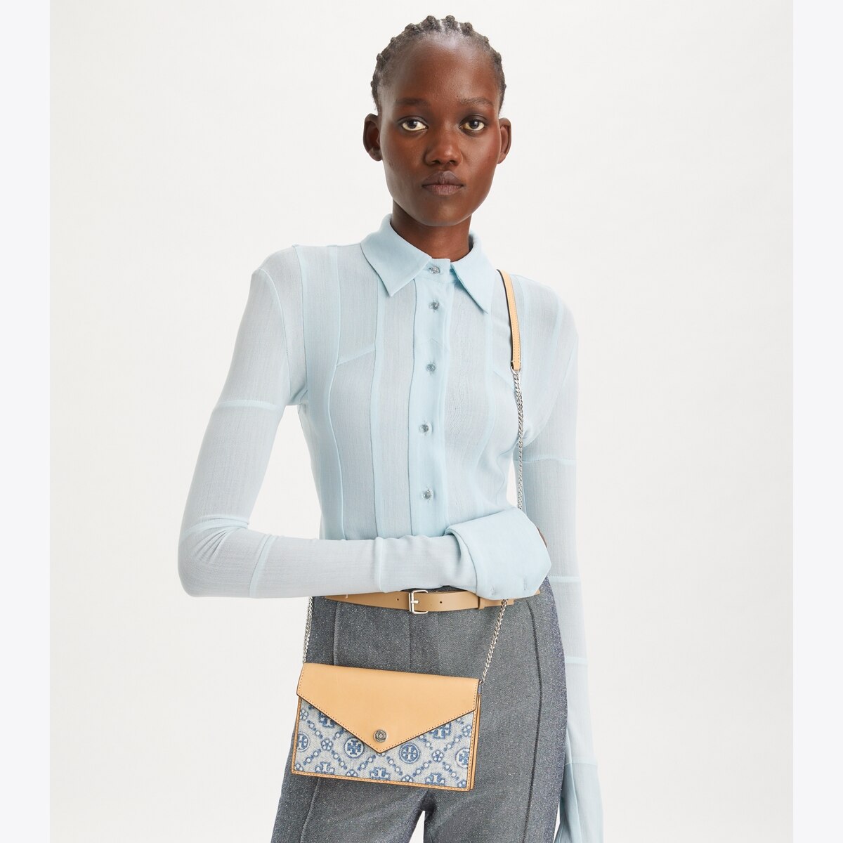 T Monogram Denim Envelope Crossbody - blue