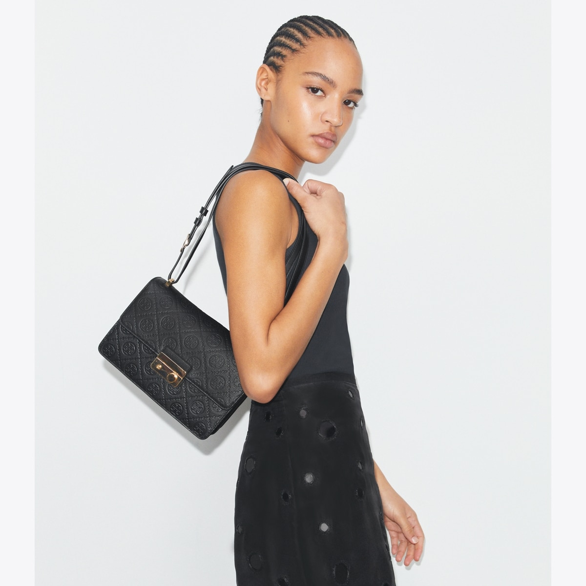 T Monogram Pebbled Shoulder Bag - black