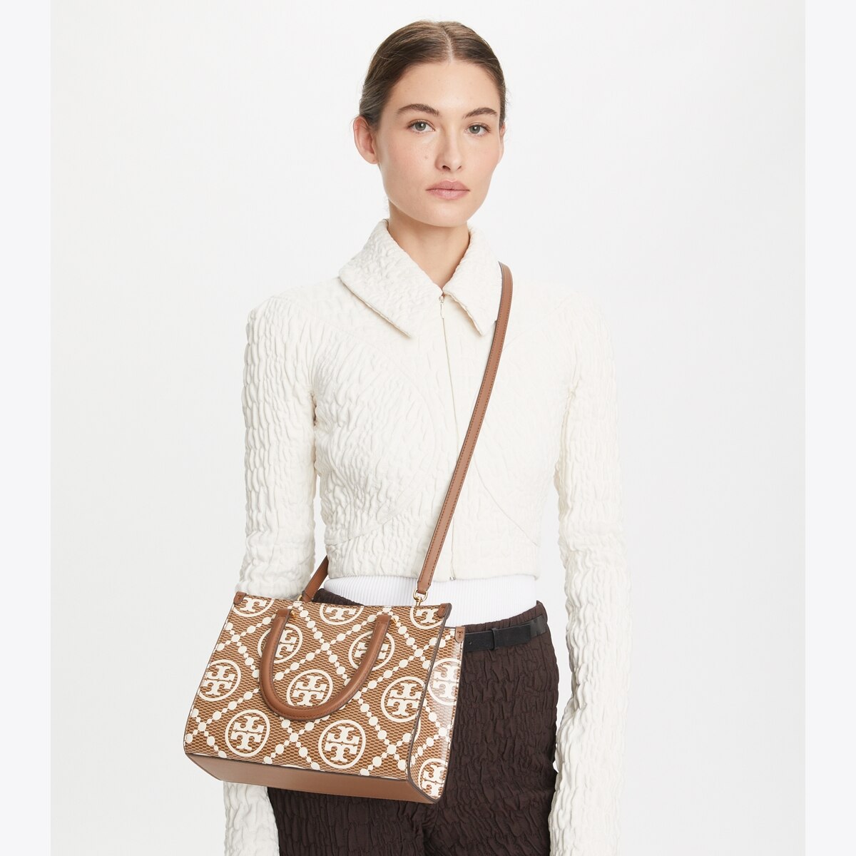 T Monogram Contrast Embossed Top-Handle Tote - brown