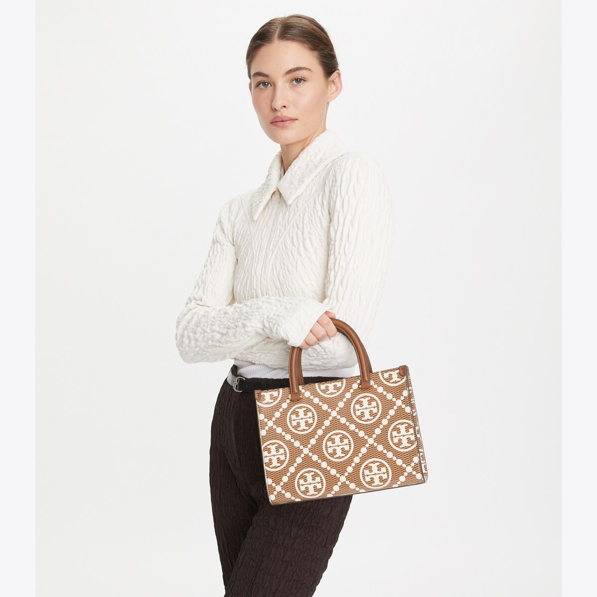 T Monogram Contrast Embossed Top-Handle Tote - brown
