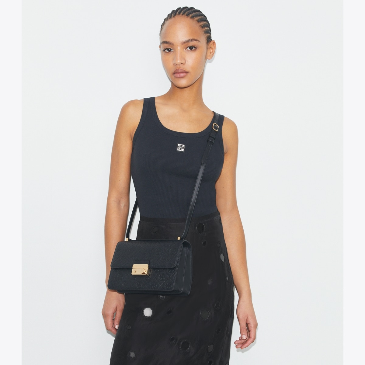 T Monogram Pebbled Shoulder Bag - black