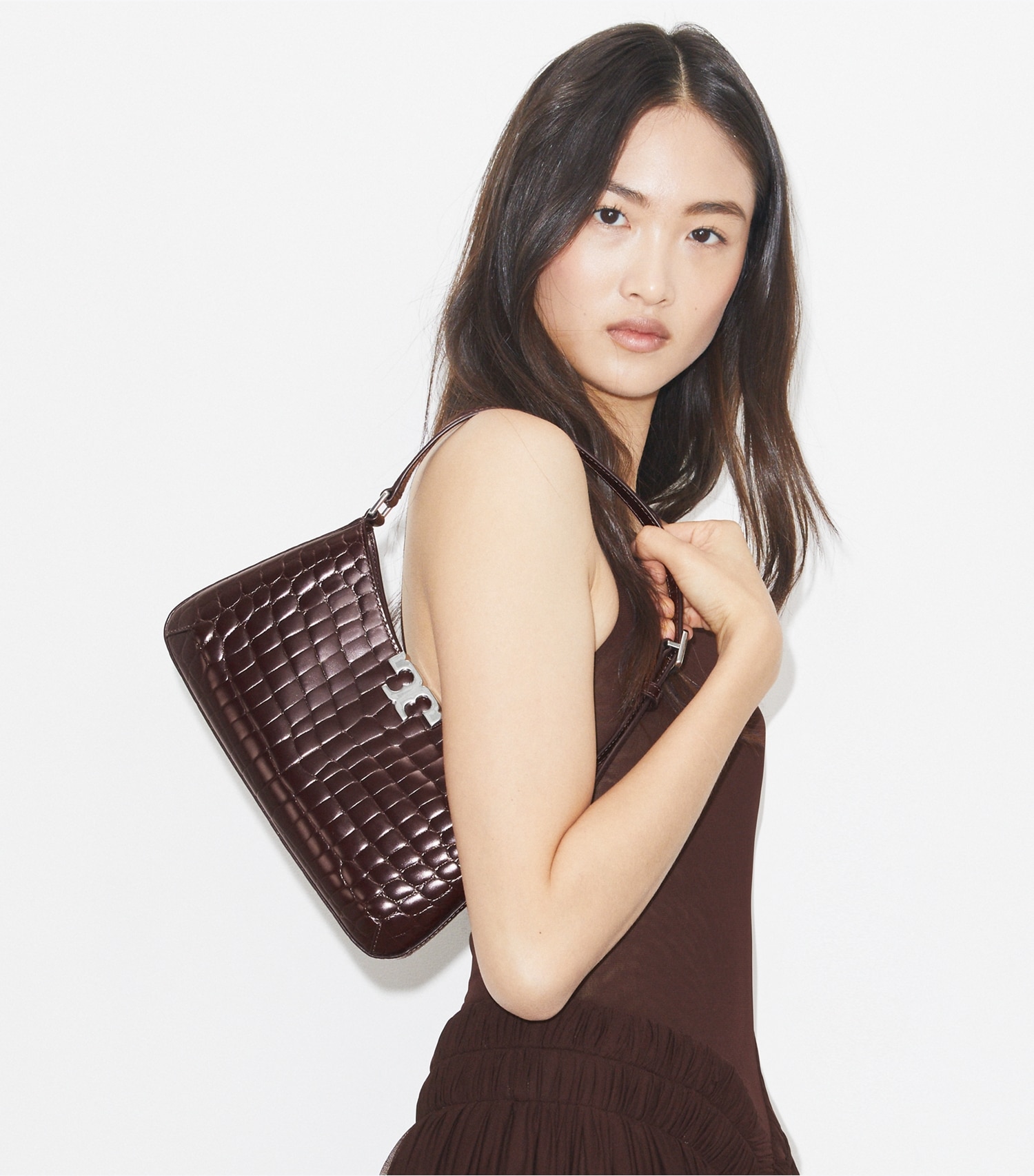 ELEANOR CROC-EMBOSSED SLIM SHOULDER BAG