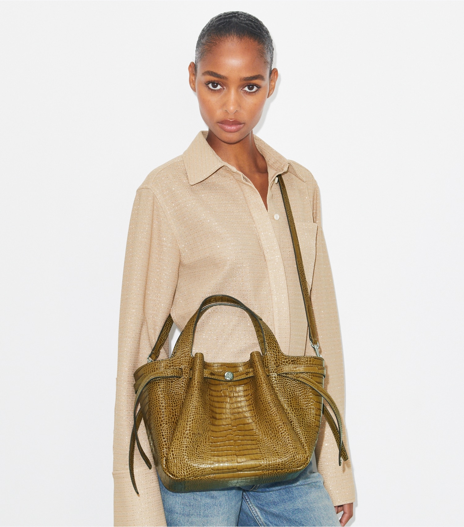 SMALL ROMY CROC-EMBOSSED TOTE