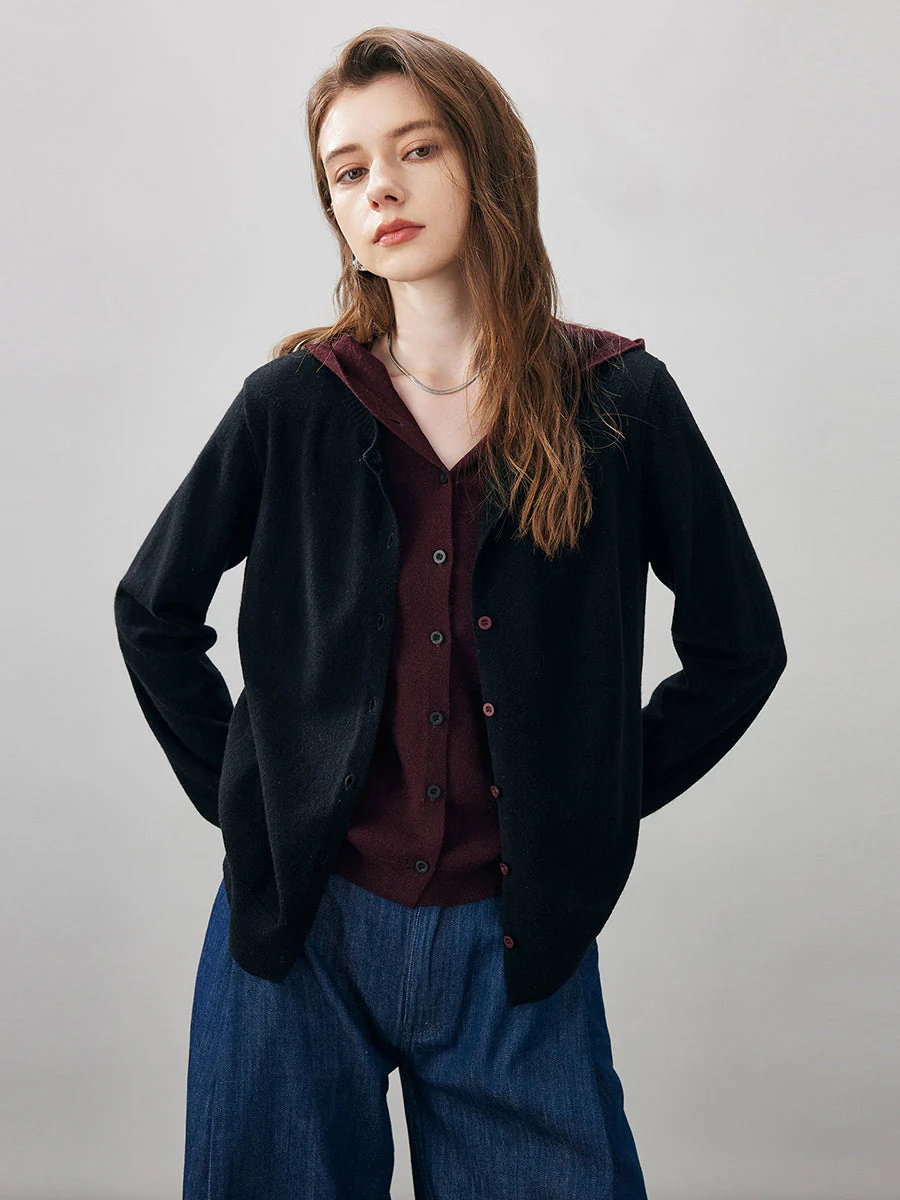 100% Wool Women's Contrast Button Down Hoodie