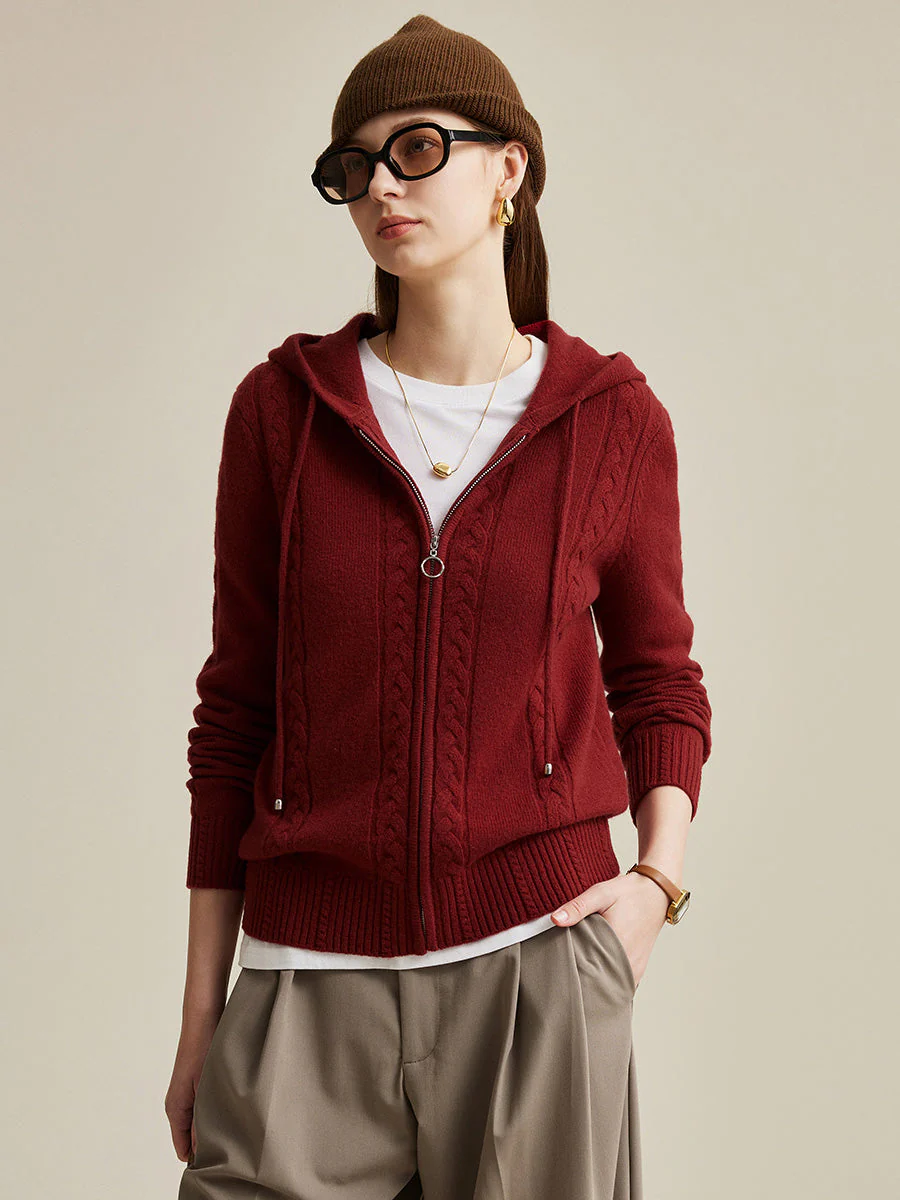 100% Wool Women's Cable Knit Zip Cardigan Hoodie
