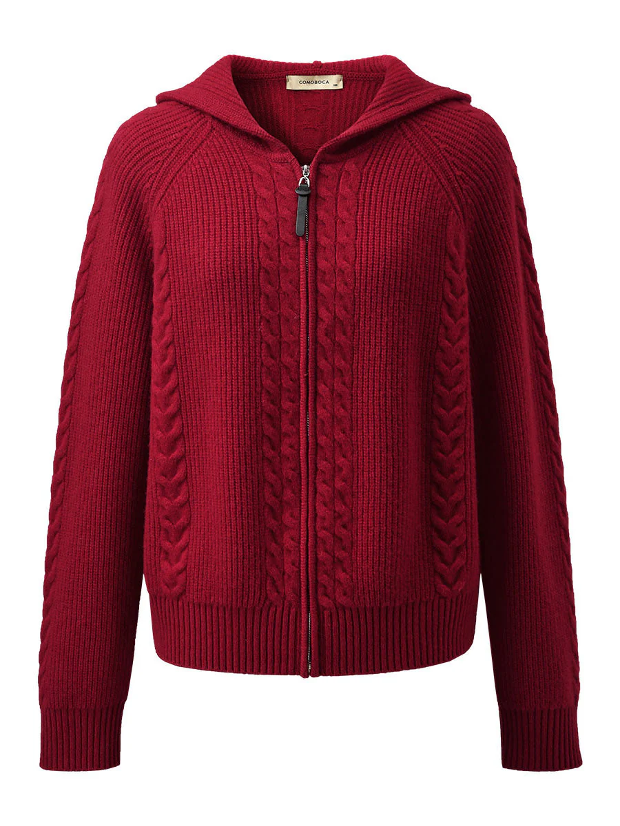 100% Wool Women's Cardigan Cable Knit Hoodie