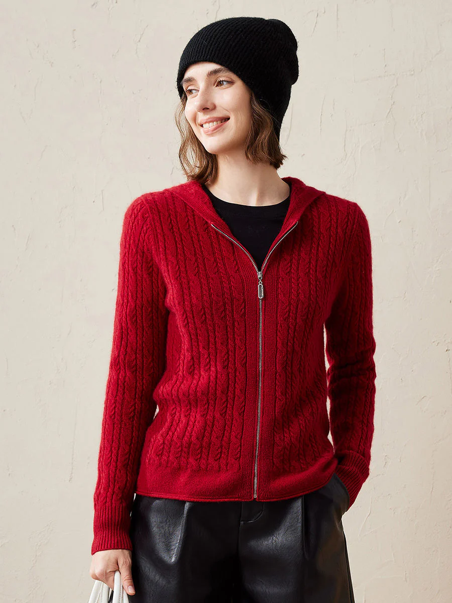 100% Cashmere Women's Cardigan Cable Knit Hoodie
