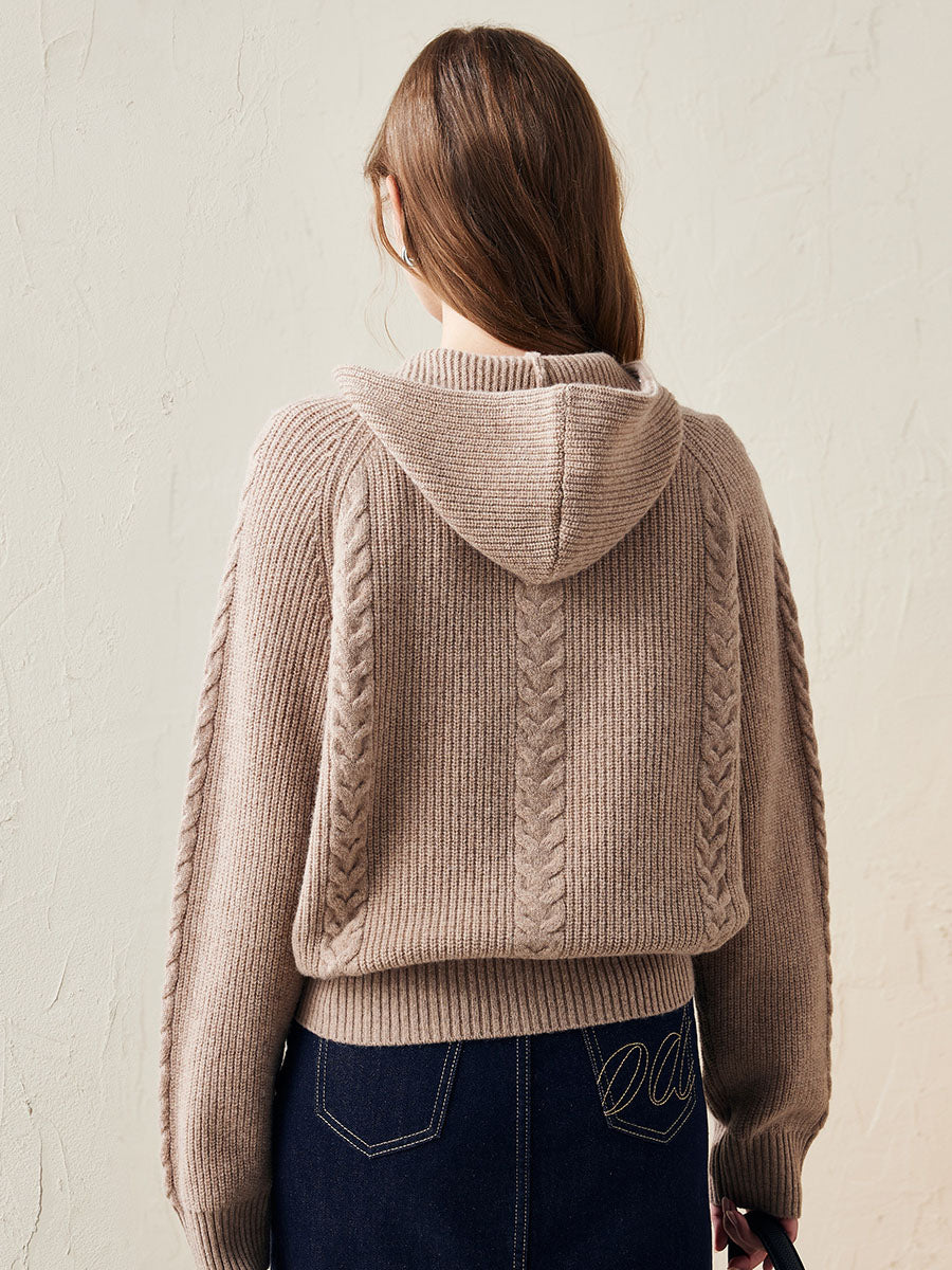 100% Wool Women's Cardigan Cable Knit Hoodie