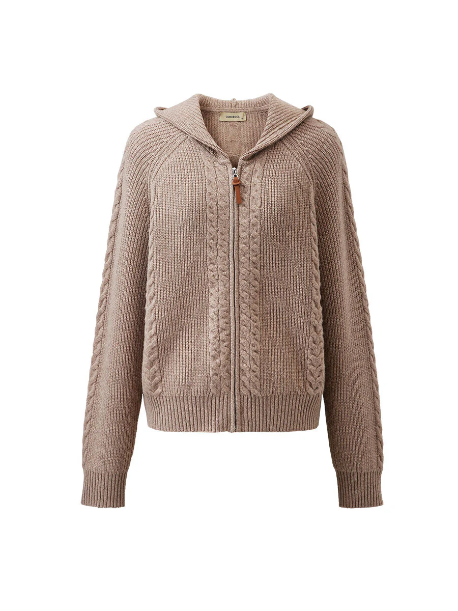 100% Wool Women's Cardigan Cable Knit Hoodie