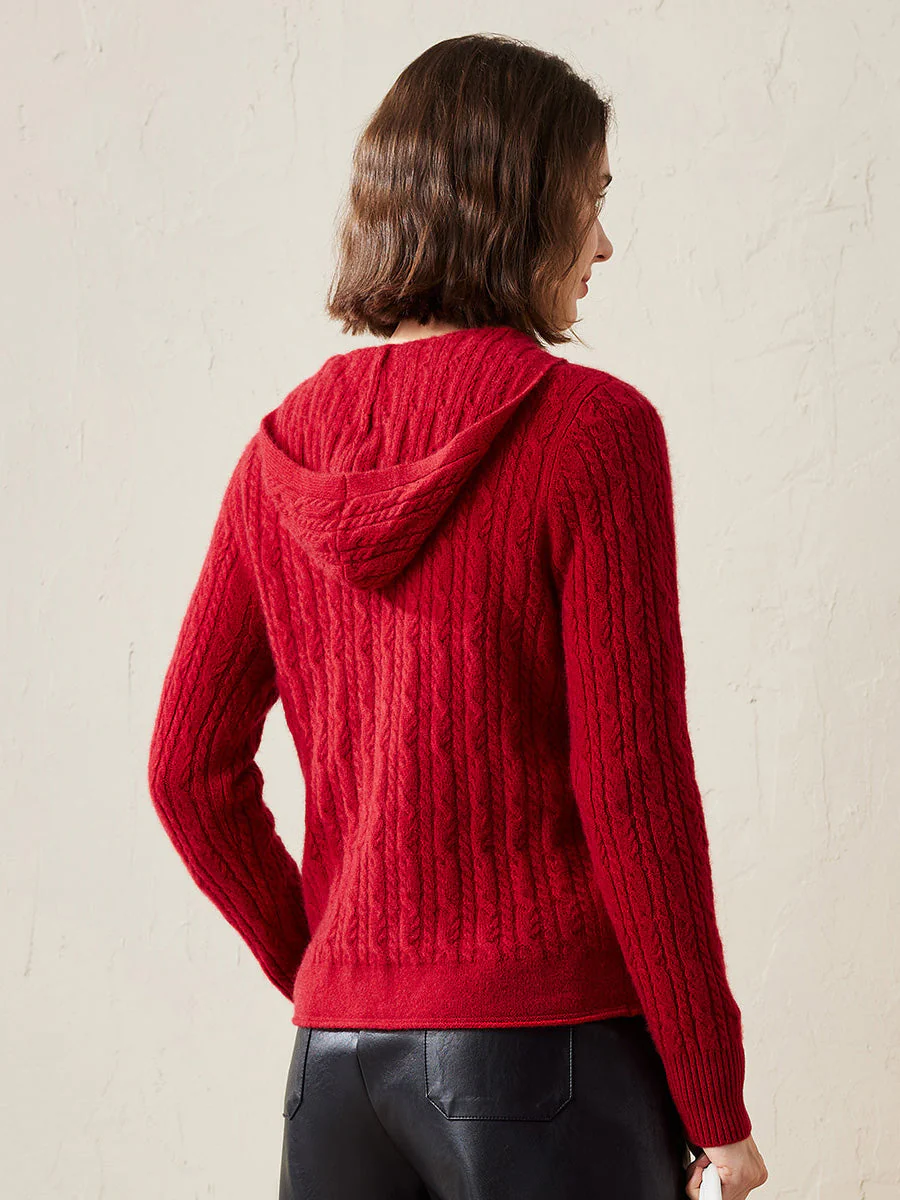 100% Cashmere Women's Cardigan Cable Knit Hoodie