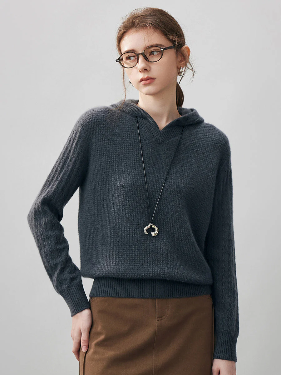 100% Cashmere Women's Ribbed Knit Hoodie