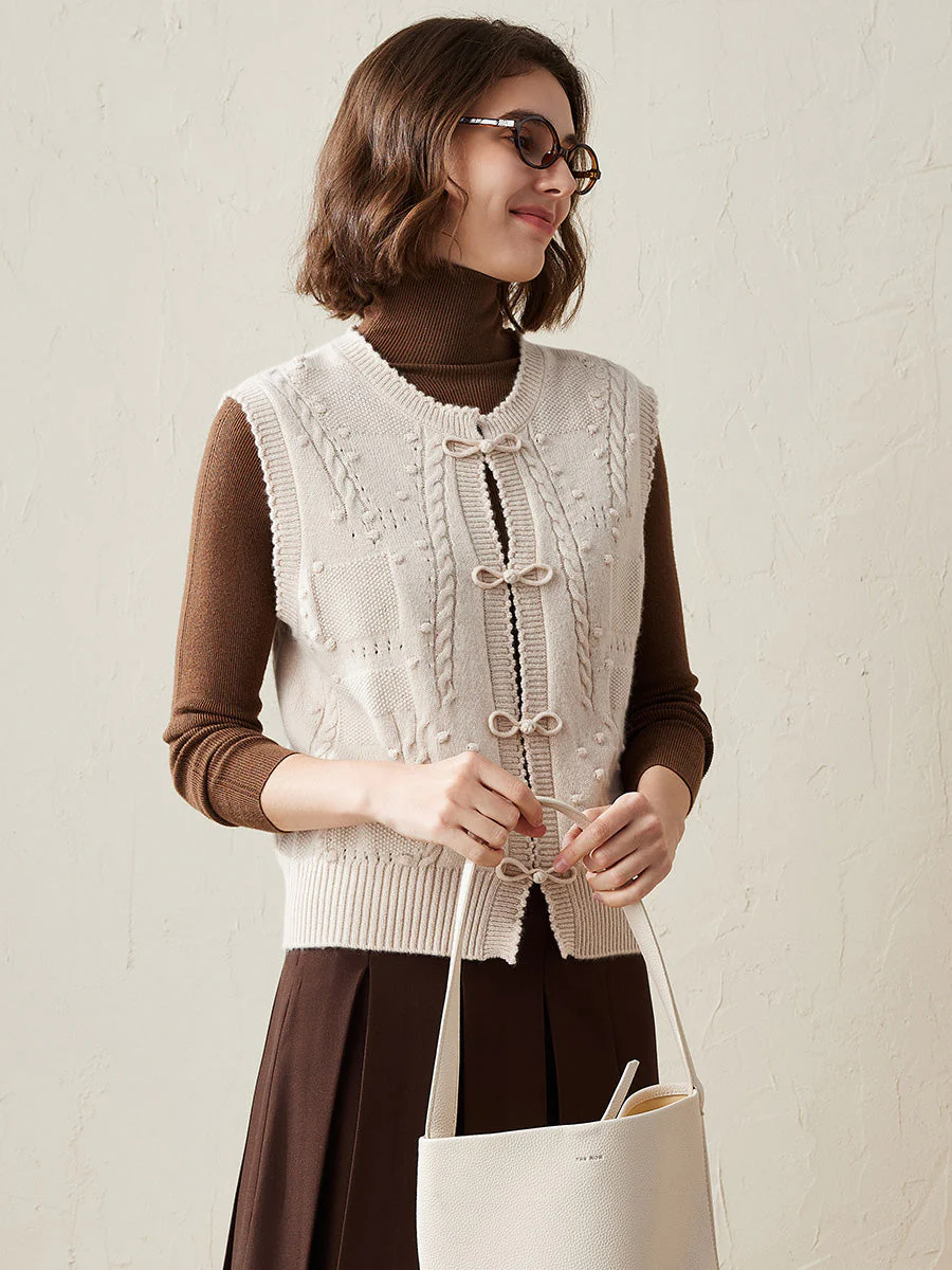 100% Cashmere Women's Bow Detailing Cable Knit Vest