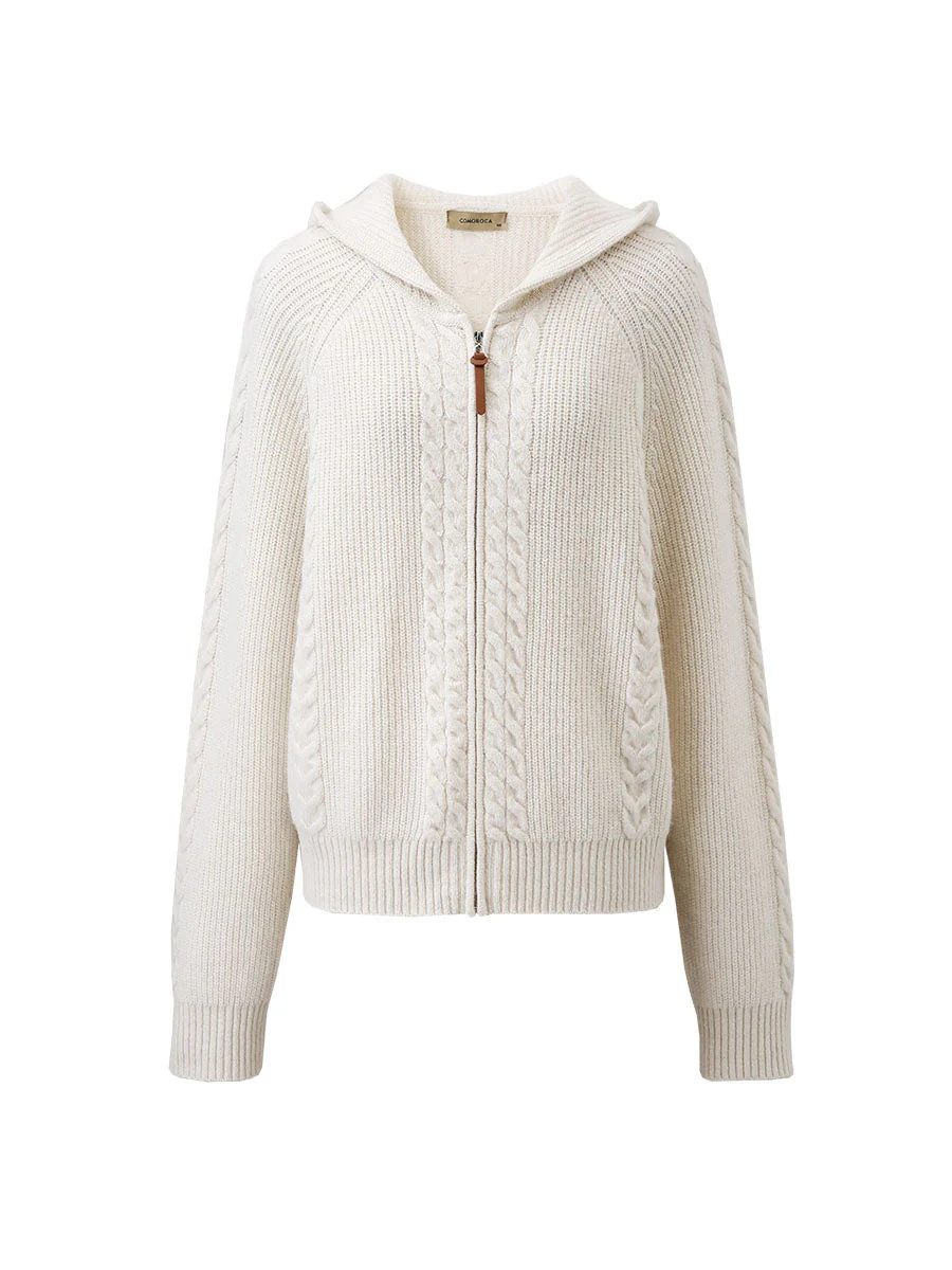 100% Wool Women's Cardigan Cable Knit Hoodie