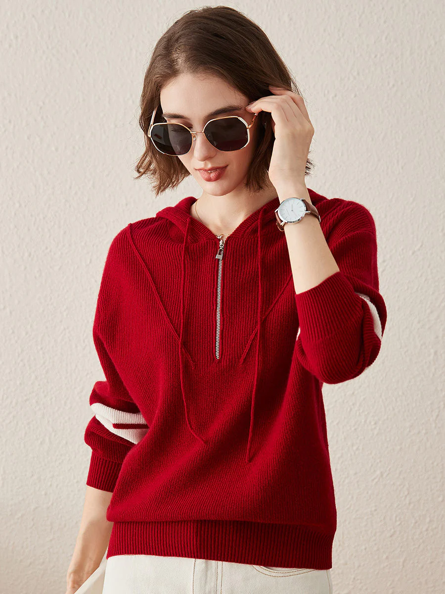 100% Cashmere Women's Half Zip Sweater Knit Hoodie