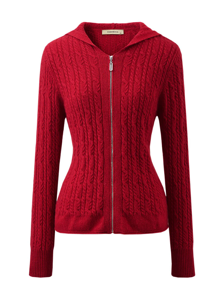 100% Cashmere Women's Cardigan Cable Knit Hoodie