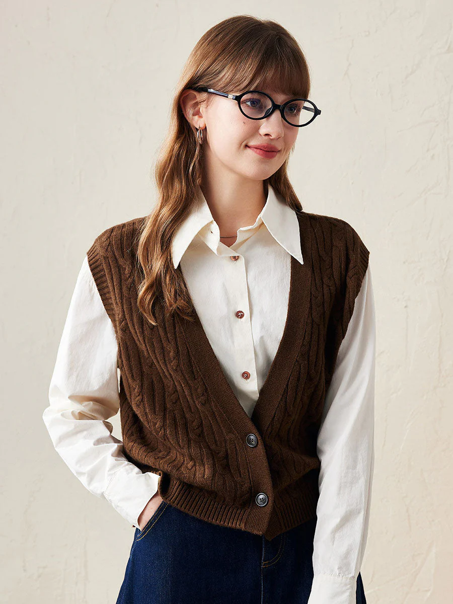 100% Wool Women's Cable Knit Button-Front Vest