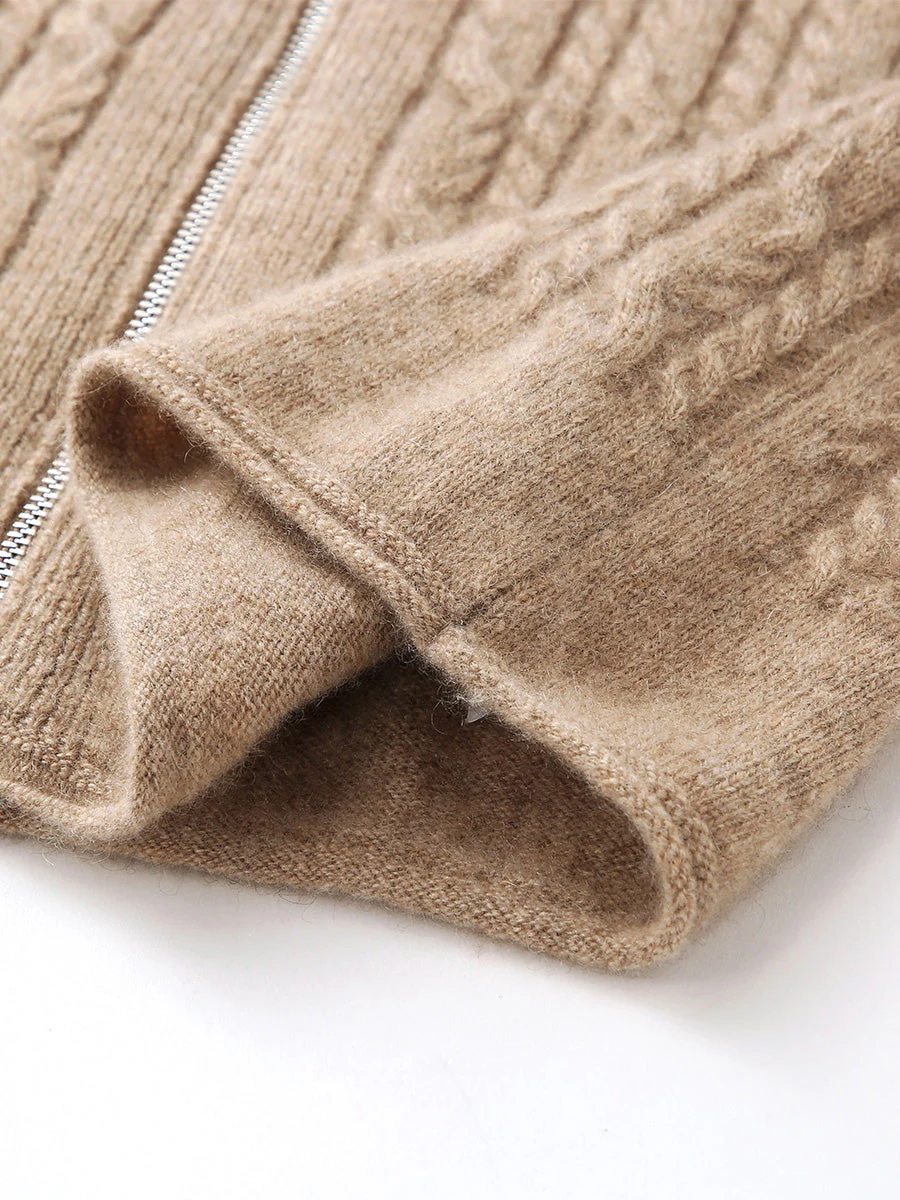 100% Cashmere Women's Cardigan Cable Knit Hoodie