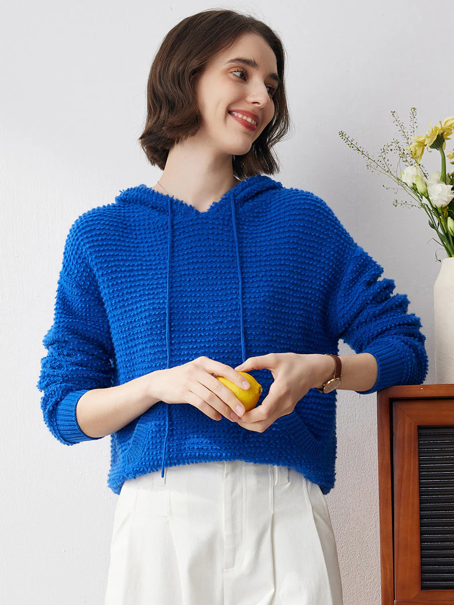 100% Cashmere Women's Textured Knit Pocket Hoodie