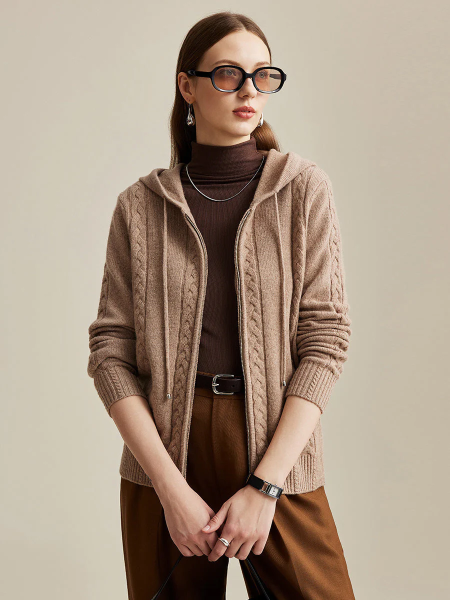 100% Wool Women's Cable Knit Zip Cardigan Hoodie