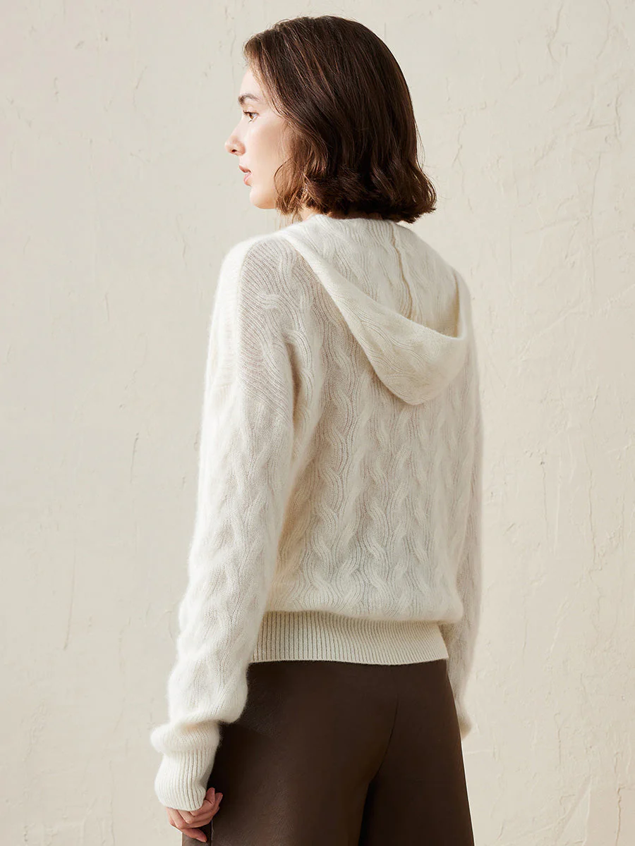 100% Cashmere Women's Cable Knit Hooded Sweater