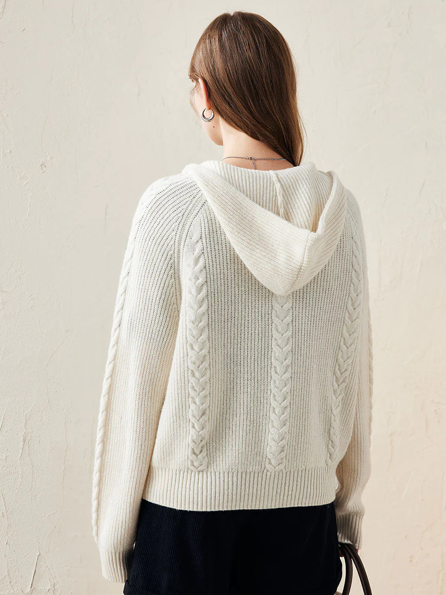 100% Wool Women's Cardigan Cable Knit Hoodie