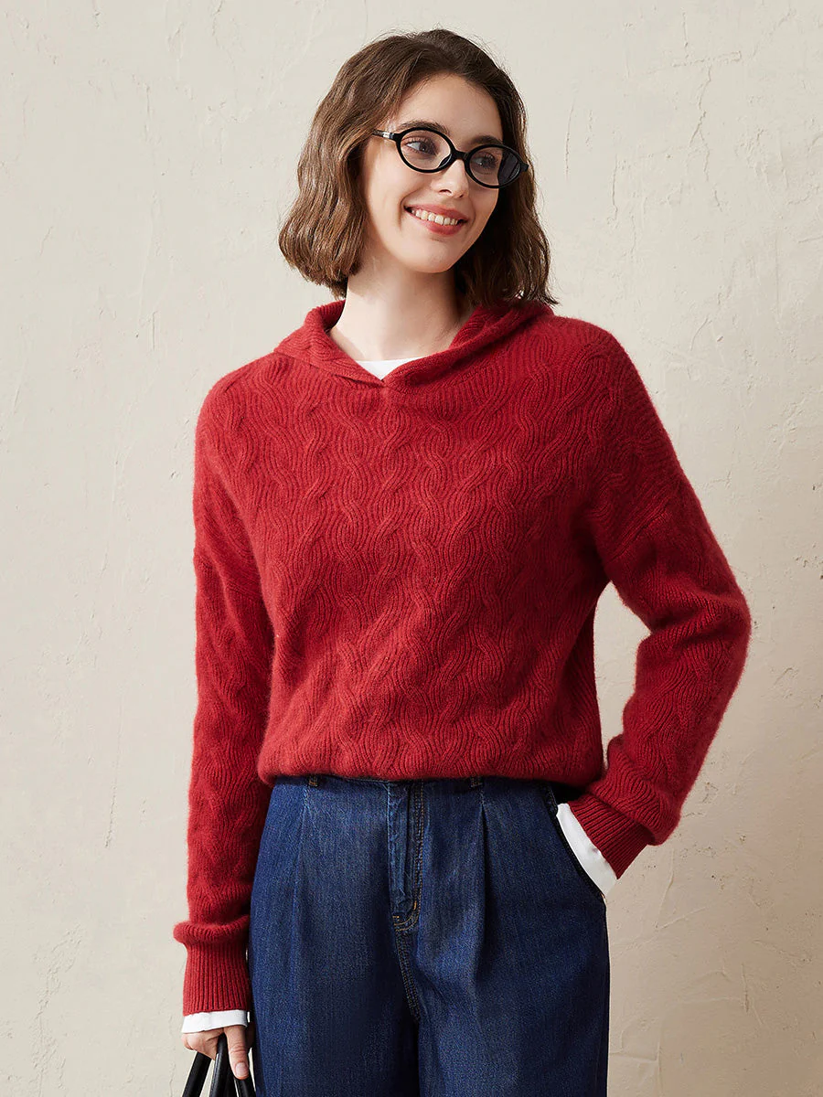 100% Cashmere Women's Cable Knit Hooded Sweater