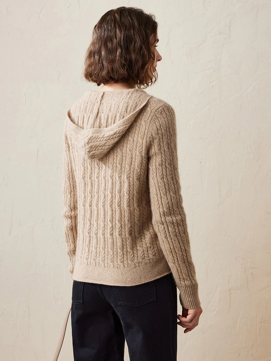 100% Cashmere Women's Cardigan Cable Knit Hoodie