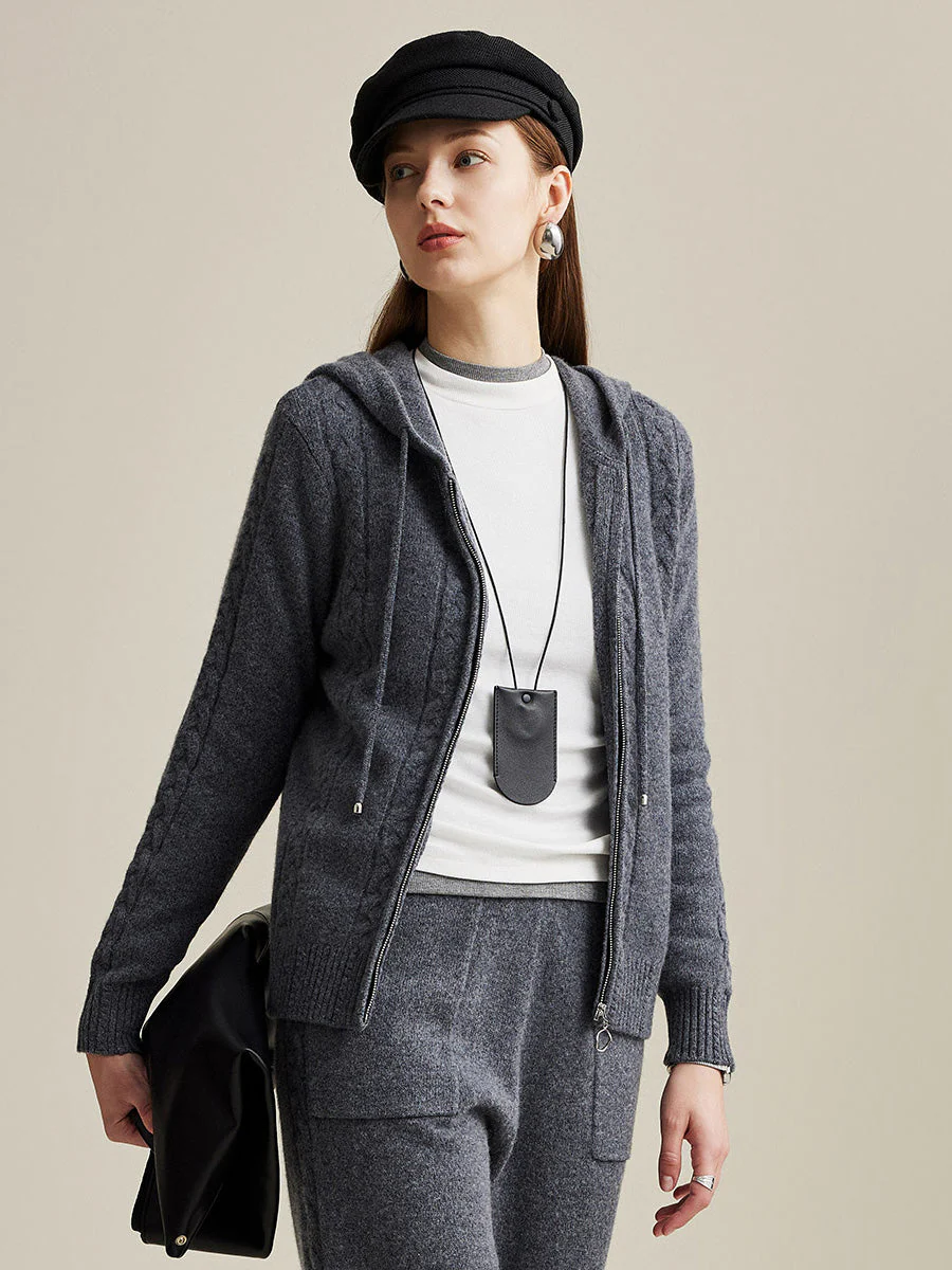 100% Wool Women's Cable Knit Zip Cardigan Hoodie
