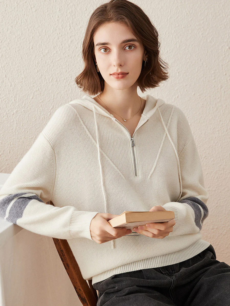 100% Cashmere Women's Half Zip Sweater Knit Hoodie