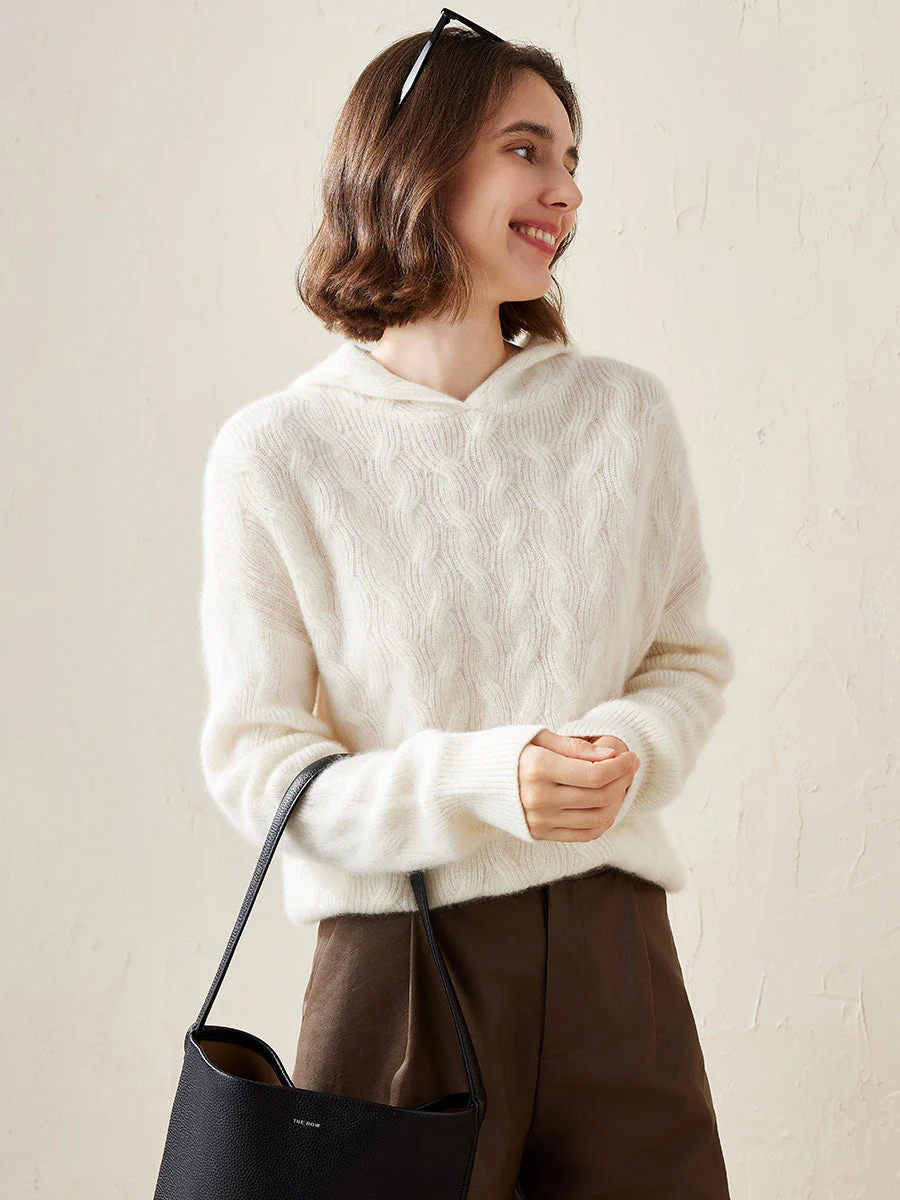 100% Cashmere Women's Cable Knit Hooded Sweater
