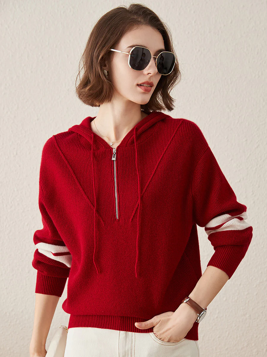 100% Cashmere Women's Half Zip Sweater Knit Hoodie