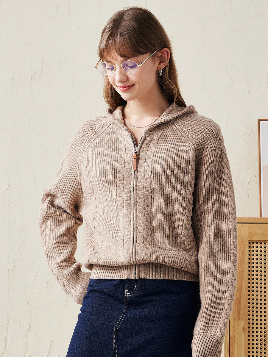 100% Wool Women's Cardigan Cable Knit Hoodie