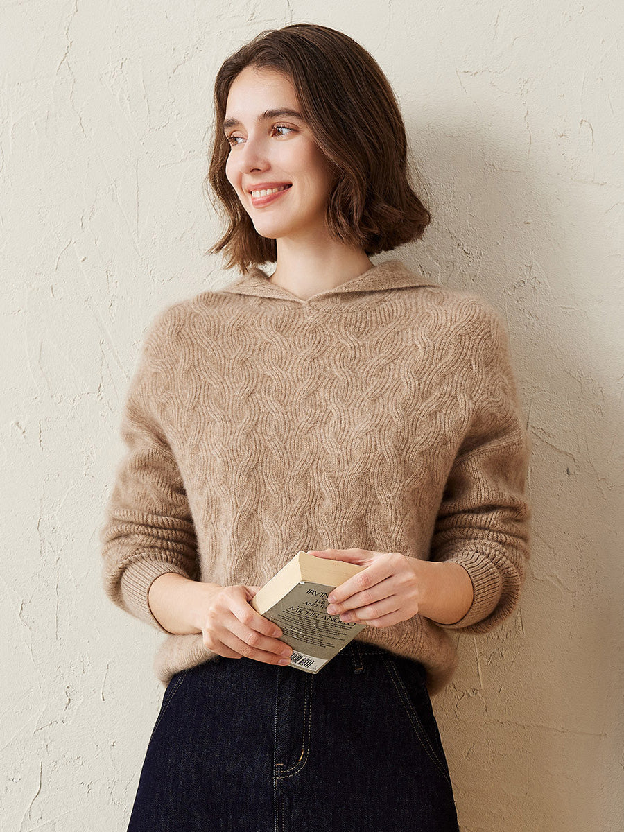 100% Cashmere Women's Cable Knit Hooded Sweater