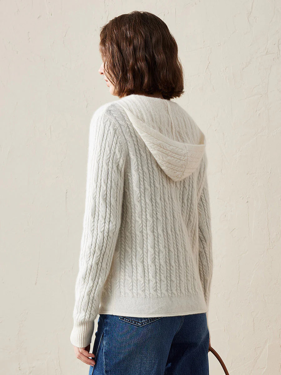 100% Cashmere Women's Cardigan Cable Knit Hoodie