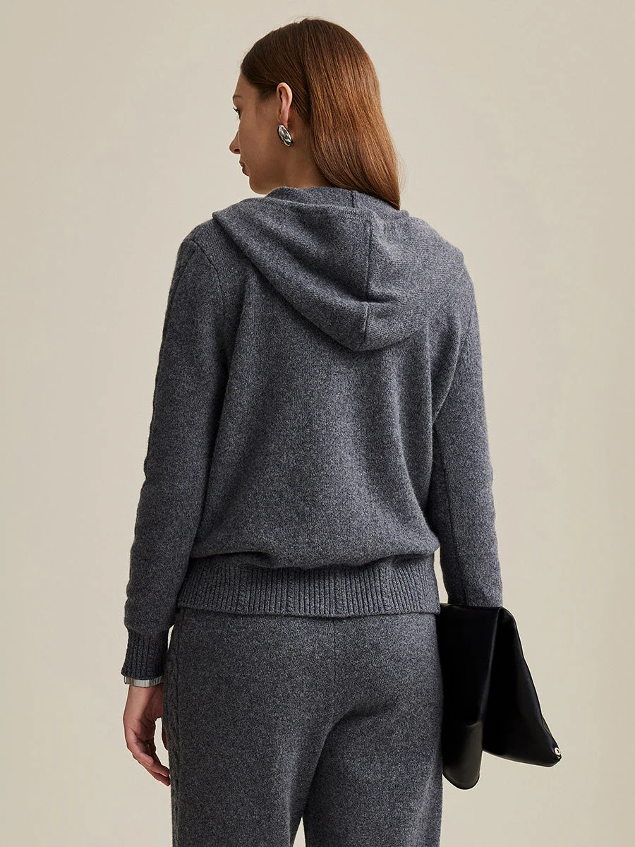 100% Wool Women's Cable Knit Zip Cardigan Hoodie