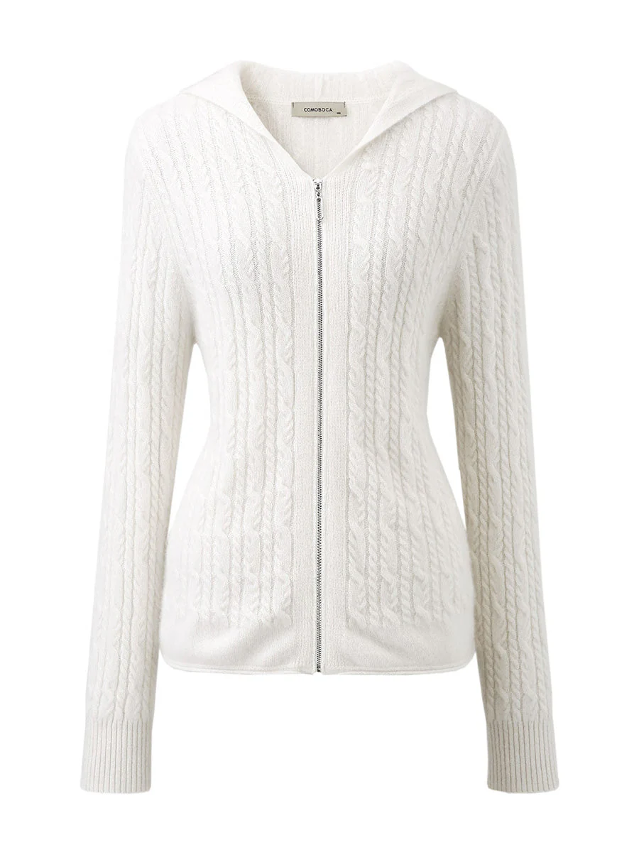 100% Cashmere Women's Cardigan Cable Knit Hoodie