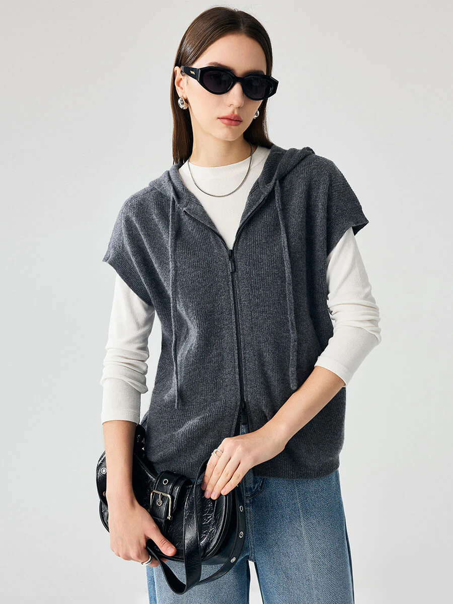 100% Cashmere Women's Hooded Double-Head Zipper Vest