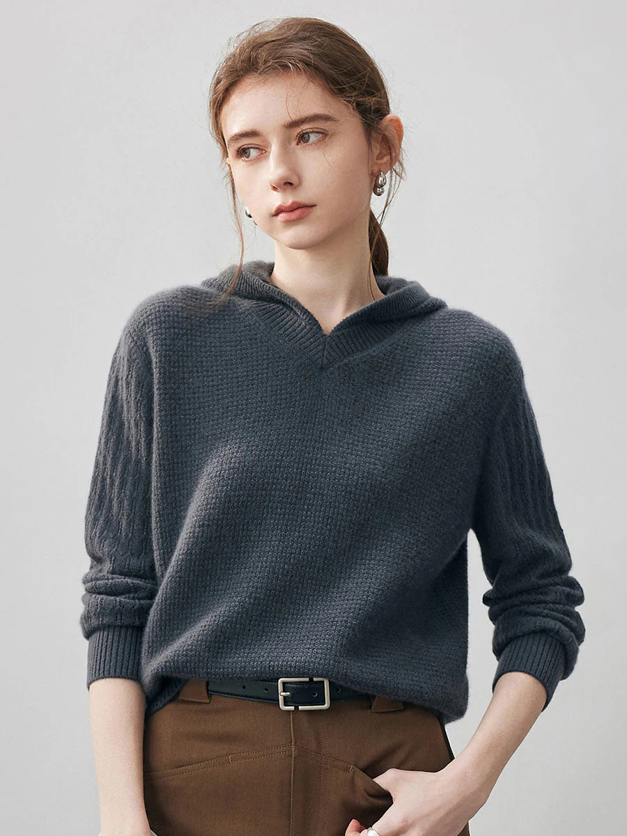 100% Cashmere Women's Ribbed Knit Hoodie