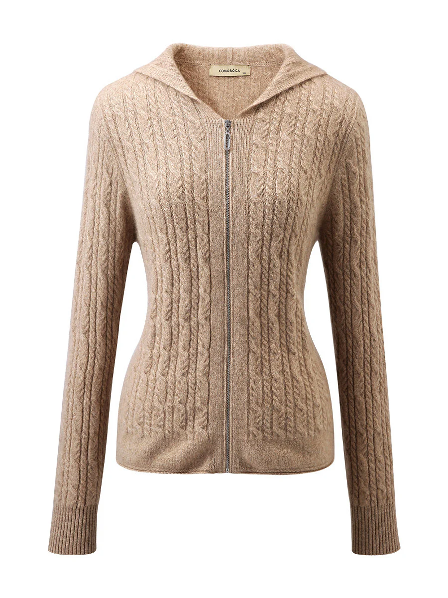 100% Cashmere Women's Cardigan Cable Knit Hoodie