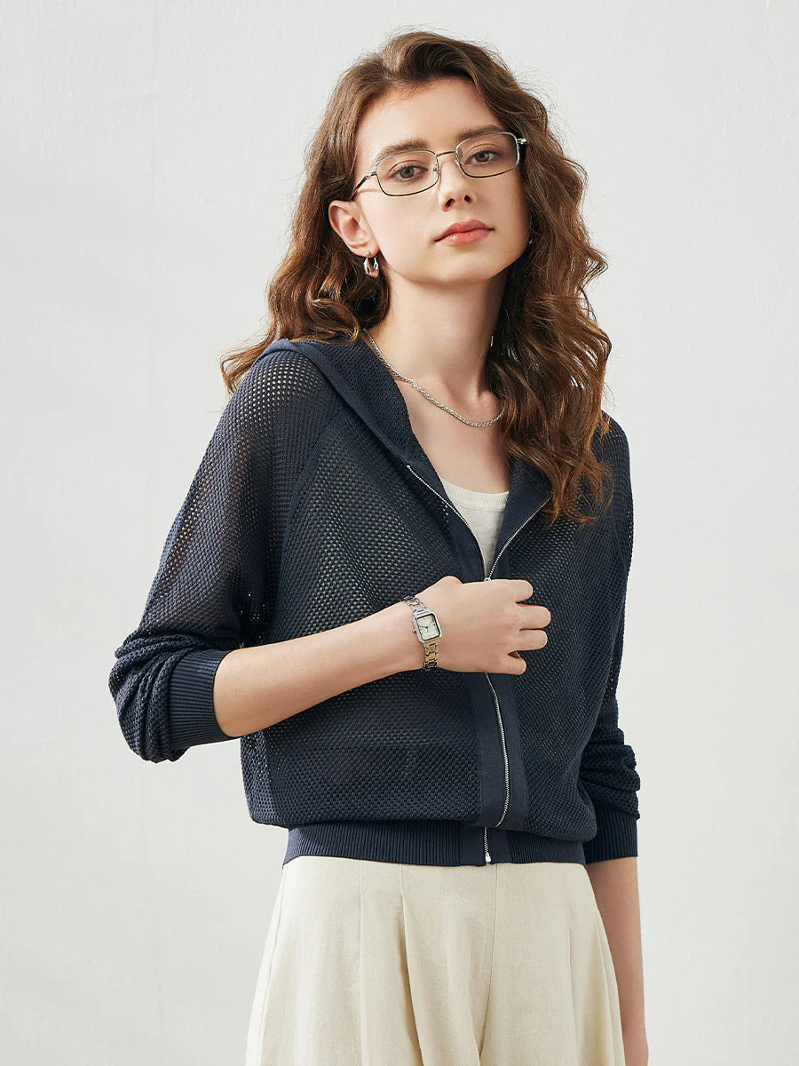 Women's Ribbed Mesh Zip-Up Hoodie