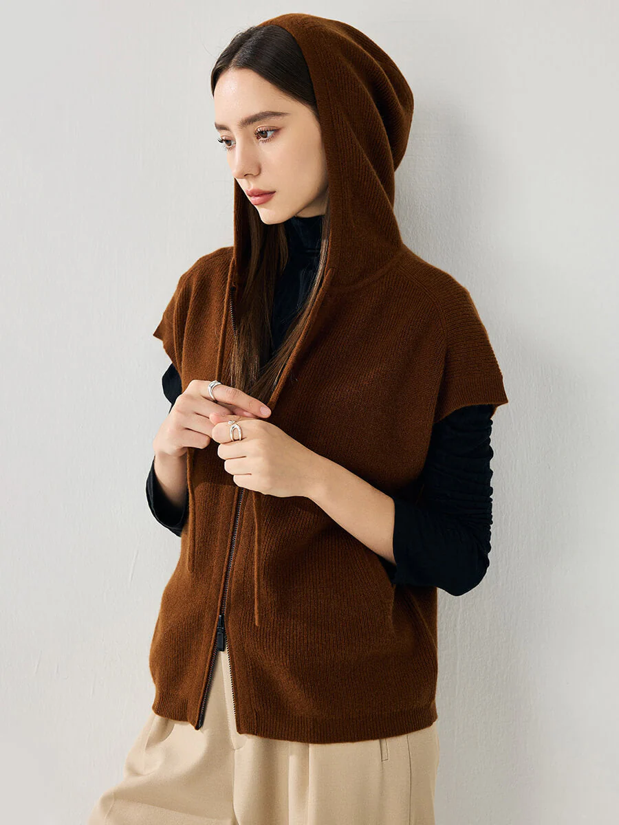 100% Cashmere Women's Hooded Double-Head Zipper Vest