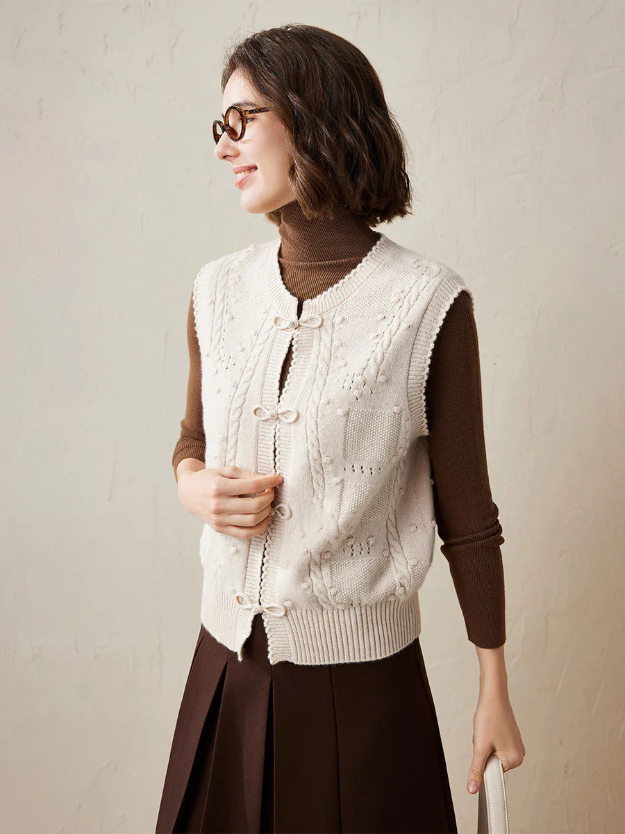 100% Cashmere Women's Bow Detailing Cable Knit Vest
